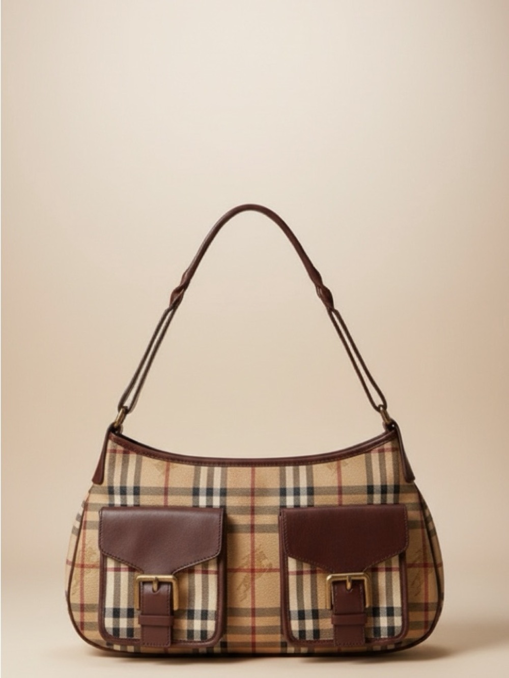 Burberry Beige Vintage Check Leather-Trim Shoulder Bag